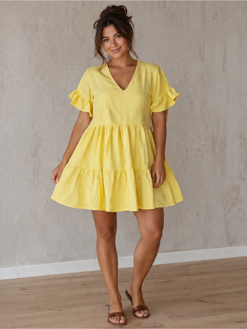 FANCYINN Lemon Yellow Tiered V-Neck Babydoll Dress